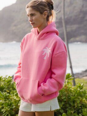 Pink Palm Puff Hawaii Hibiscus Hoodie in Sonic Pink, Size X-Small